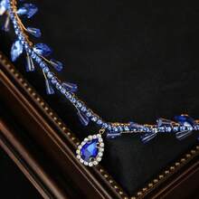 1pc Blue Crystal & Rhinestone Pendant Headband Gold Wire Princess Tiara Crown Bridal Wedding Party Hair Accessories - Blue - View 7