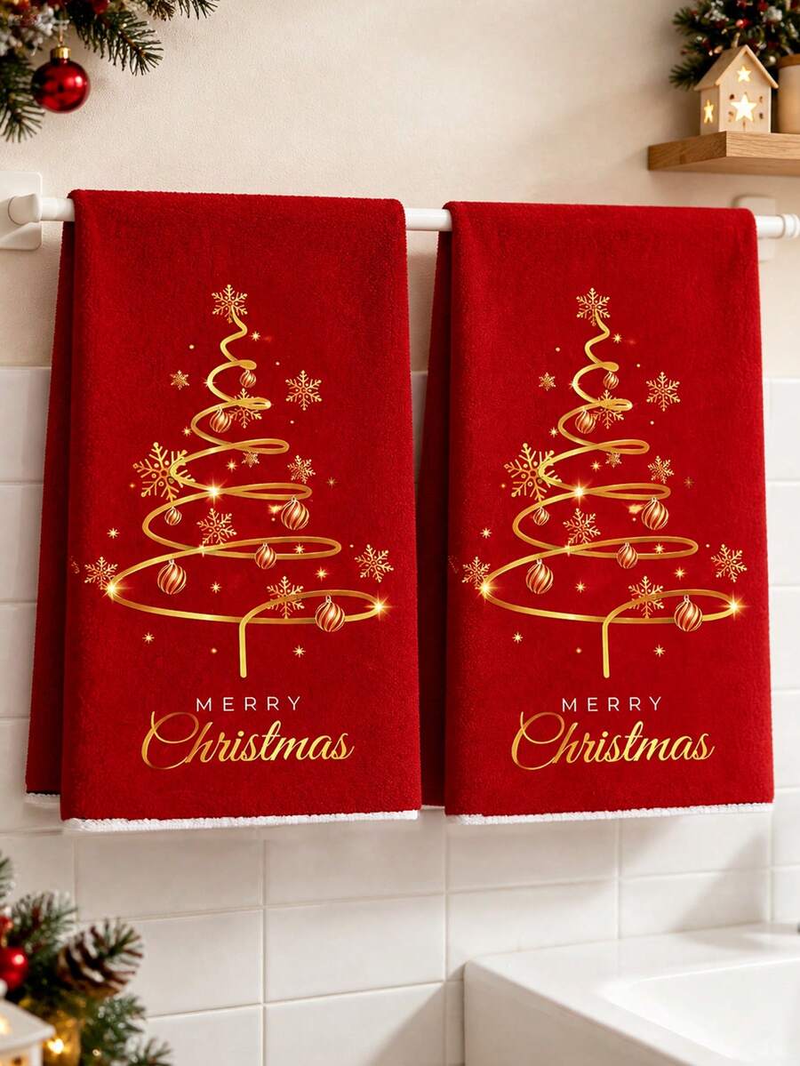2pcs Ultra-Fine Microfiber Christmas Hand Towels, Spiral Christmas Tree & Gold Snowflake Pattern Design, Dish Cloth, Hand Towel For Kitchen And Dining Room Decor, Outdoor Party Supplies, Suitable For Christmas Bathroom Decor, Advent Gift, Christmas Surprise - Multicolor - View 1