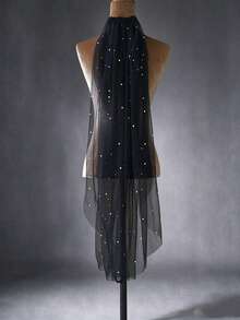 1 Piece Fingertip Length Black Bridal Veil, Single Layer Soft Drape Tulle With Sparkly Rhinestones, Wedding Veil With Hair Comb - Black - View 4