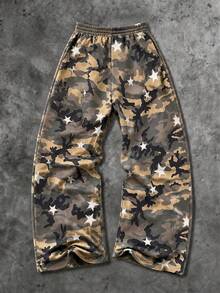 FRACTYR Men's Camouflage Wide Leg Sweatpants, All-Over White Star Print, Drawstring Waist, Loose Straight Leg Floor-Length Casual Long Pants - Army Green - View 5