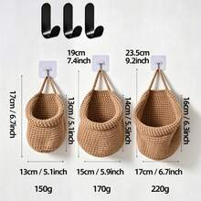 3pcs/Set Hanging Woven Baskets, 3 Sizes, Bohemian Style Cotton Rope Wall Hanging Storage Baskets, Decorative Space-Saving Wall Storage, Suitable For Bathroom, Bedroom, Living Room, 2 Baskets + Hooks - Khaki - View 10