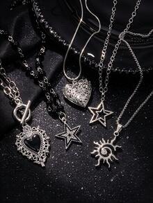 5pcs Gothic Cool Metal Black Oil Drip Hollow Heart Rhinestone Star Spiral Sun Pendant Layered Necklace Set For Men Dark Street Style Daily Wear - Silver - View 1