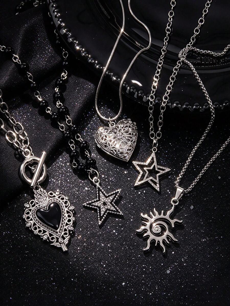 5pcs Gothic Cool Metal Black Oil Drip Hollow Heart Rhinestone Star Spiral Sun Pendant Layered Necklace Set For Men Dark Street Style Daily Wear - Silver - View 1