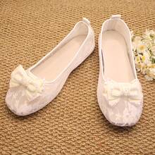 Women's Sheer Lace Flat Slip-On Shoes, Round Toe Rhinestone Bow Low Vamp Casual Shoes - White - View 3