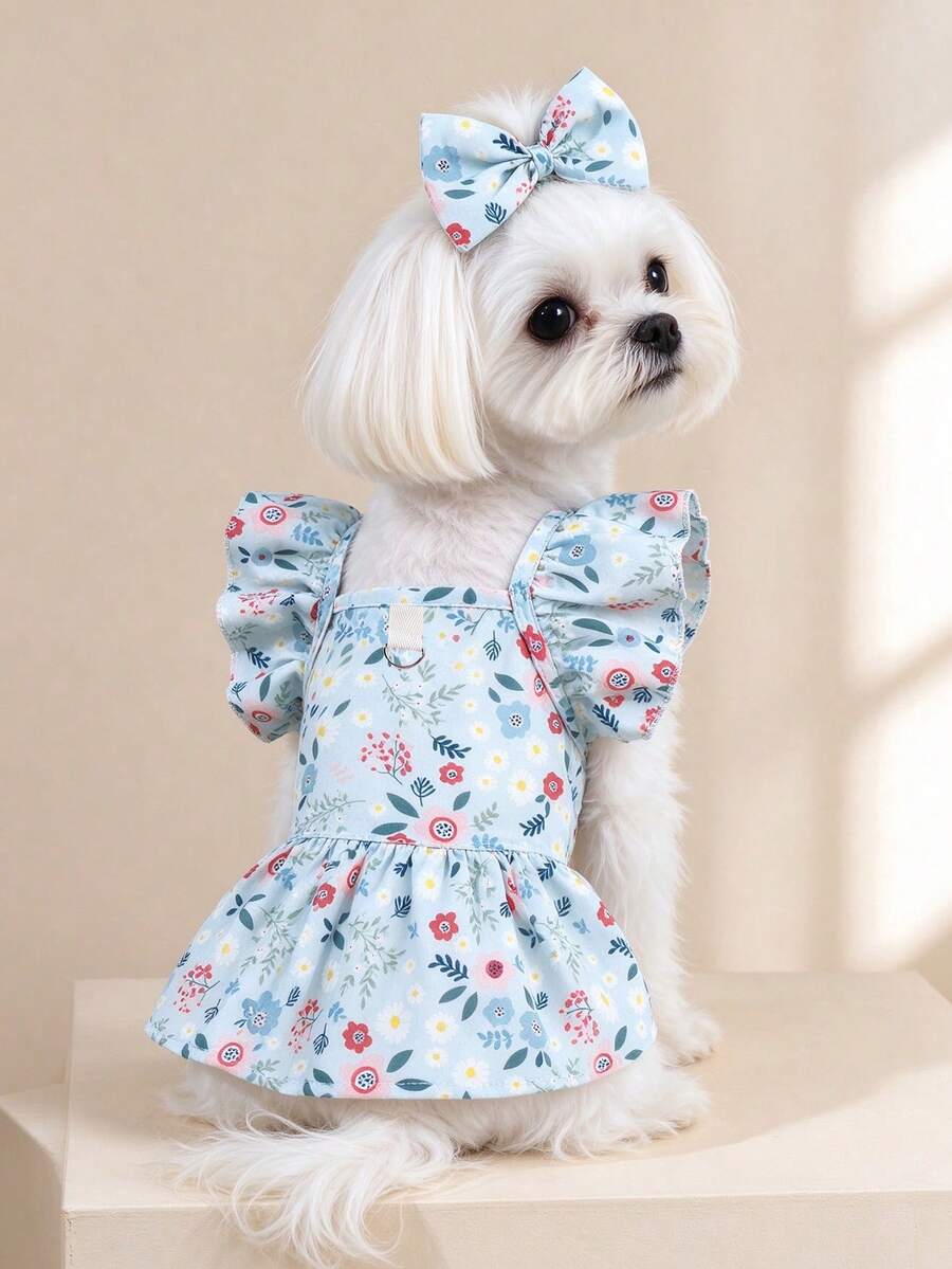 1pc Dog & Cat Mesh Wedding Dress With Bow, Cute Fashionable Elegant Charming Creative Personalized Design Printed Pet Dress - Multicolor - View 1