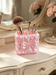 Girl Style Bow Knot Pleated Makeup Storage Bucket, Faux Satin Fabric Texture, Square Large Capacity, Can Store Makeup Tools, Also Serve As Desktop Pen Holder, Dual-Use Storage Container For Vanity And Desk - Multicolor - View 9
