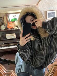 Autumn/Winter American Style Lazy Loose Hooded Striped Brushed Fleece Zip-Up Jacket With Fur Collar - Grey - View 4
