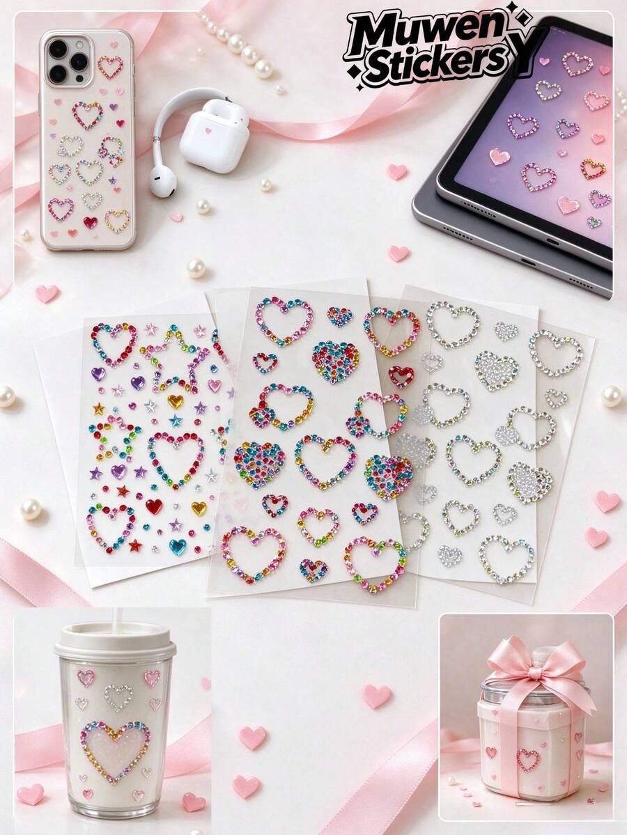 1 buah Set Stiker Dekoratif Hati Warna-warni dengan Rhinestone, Stiker Dekoratif Akrilik Mengkilap 3D, Stiker Rhinestone Hati & Bintang Berongga Perekat Sendiri dengan Pinset, Cocok untuk Casing Ponsel, Kamera, Earphone, Kotak Hadiah, Kartu Ucapan, Perhiasan, Dekorasi Pesta - Satu-Ukuran - View 1