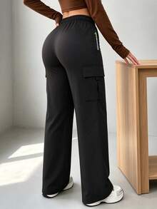 Women's Spring/Autumn Lightweight Cargo Pants, Featuring Drawstring Waist And Zipper Pockets Design. Simple Solid Color Style, Perfect For Outdoor Activities And Daily Wear. - Black - View 3