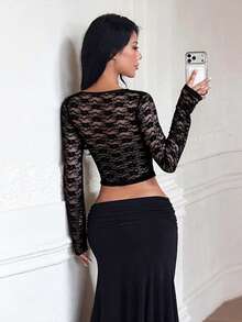 Women's Autumn Black Square Neck Lace Long Sleeve Top For Date Night, Going Out , Bachelorette - Black - View 3