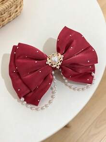 1pc Women's Lolita Heart Rhinestone Pearl Chain Bow Hair Clip, Sweet Palace Style, Cosplay Photography Matching Head Accessory, Formal Dress Date Photo Accessory (No Card) - Multicolor - View 8