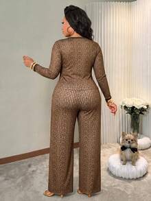 BIUBIU Plus Size Women's Contrast Geometric Patterns 2 Pieces Set With Overlap Collar Top & Wide Leg Pants, Elegant Business Casual Office Outfits For Fall - Brown Flower - View 2
