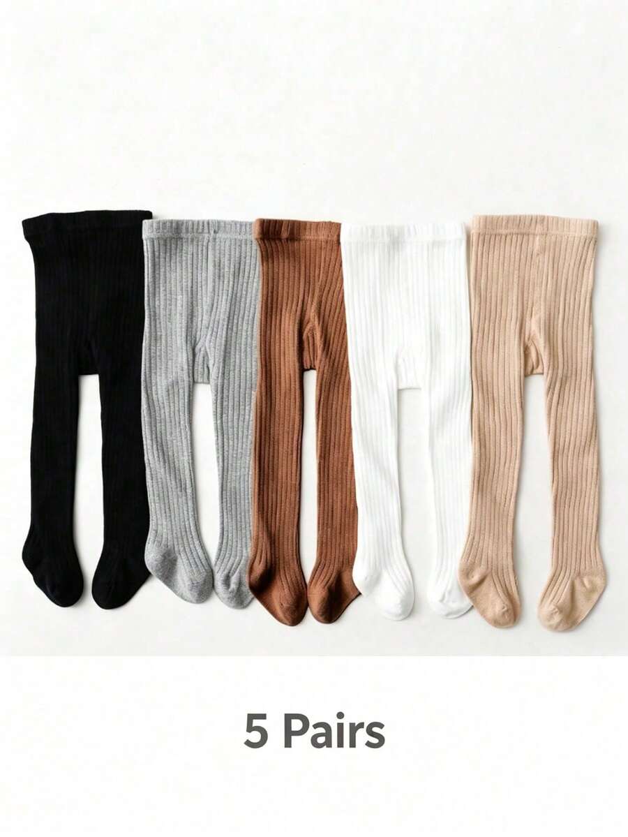 5雙垂直條紋嬰兒幼兒純色兒童褲襪,百搭極簡配色,女嬰幼童褲襪 - 彩色 - 查看 1