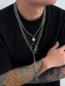 4pcs Gothic Punk Cross Pendant Necklace, Long Metal Chain Necklace Set, Can Be Worn Separately Or Layered, Men's Unique Charm Jewelry, Holiday Gift - Antique Silver - View 3