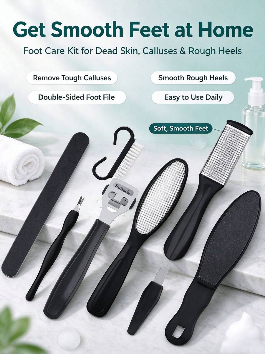 8/10/20pcs All-In-One Home Foot Care Set, Includes Foot File, Foot Scraper And Nail Care Tools, Easily Remove Stubborn Dead Skin And Rough Calluses, Ready To Use Out Of The Box Without Assembly, Easily Restore Smooth And Soft Heels - Black - View 1