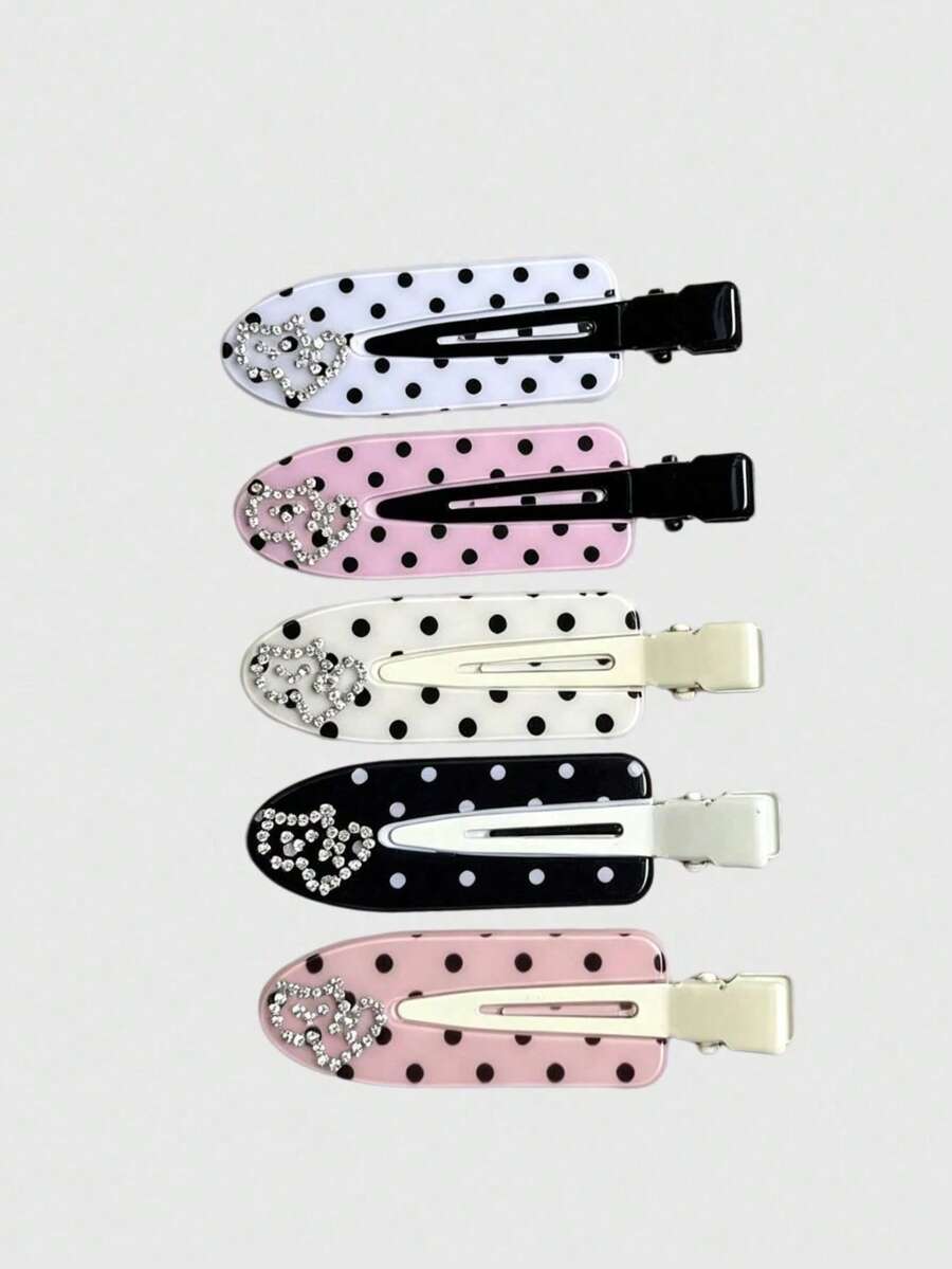 5pcs Colorful Cute Sweet Polka Dot Heart Fashion Minimalist Women's Hair Clips, Suitable For Date/Music Festival/Campus - Multicolor - View 1