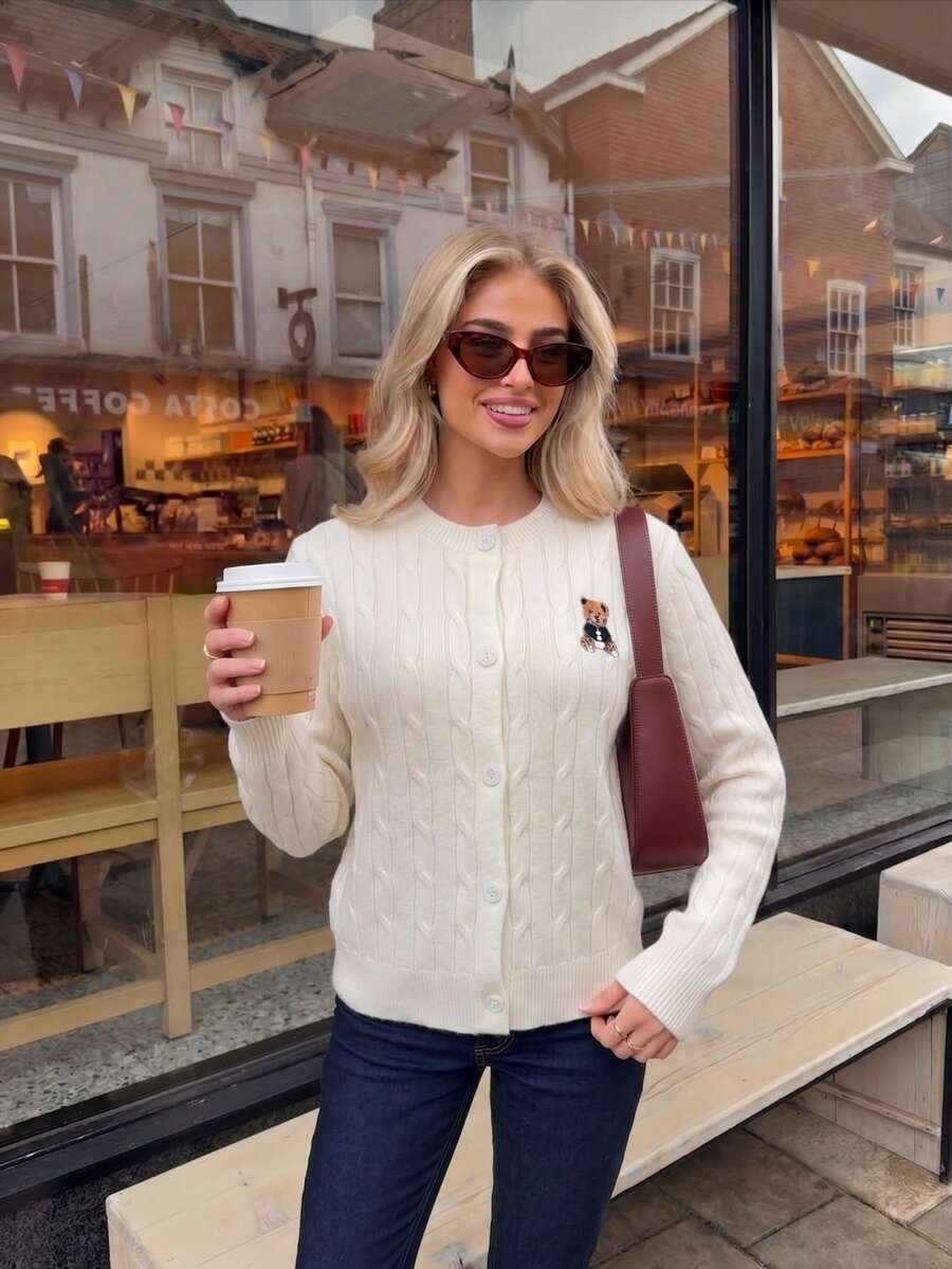 Women's Cute Embroidered Teddy Bear Knit Cardigan, Long Sleeve Round Neck Front Button Winter Sweater - White - View 1