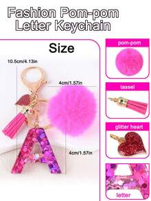 1pc Letter Keychain With Heart Pendant, Cute Rose Red Pom Pom Tassel Key Chain Decoration - Multicolor - View 3