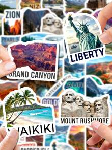 50Pcs Famous US Landmarks Journal Stickers, City Landmark Travel Theme Design, Hand-Drawn Motifs Of Statue Of Liberty, National Park, Grand Canyon, Golden Gate Bridge, For Bike, Books, Journal, Desktop Organizer, Document Box Decor - Multicolor - View 2