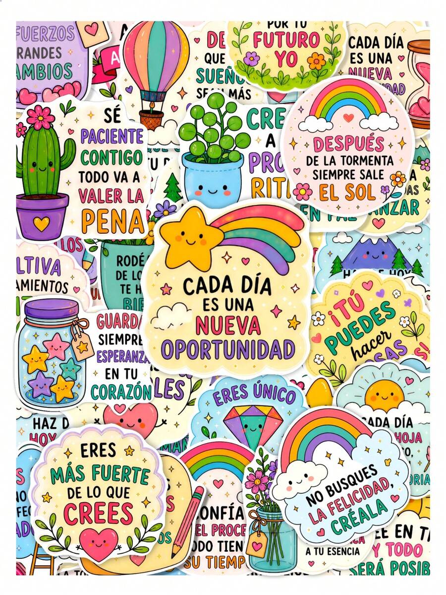 50Pcs Self‑Care Positive Affirmation Stickers, Cute Pastel Rainbow Reminder Text Vinyl Decals, Waterproof Stickers For Laptop, Water Bottle, Phone, Kindle, Journal, Scrapbook, DIY Stationery Decor - Multicolor - View 1