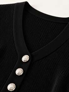 Perirose Women's Black Ribbed Knit Mini Dress, V-Neck Front Button Slim Fit Long Sleeve Dress With White Ruffle Trim, Autumn/Winter Office And Date Outfit - Black - View 7
