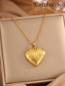 1pc Minimalist Openable Stainless Steel Patterned Photo Frame Pendant Necklace, Commemorative Gift For Loved Ones - Gold - View 1