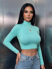 Kaos Wanita Kasual Leher Tinggi Slim Fit Lengan Panjang Pendek untuk Sehari-hari, Pakaian Musim Gugur dan Musim Dingin, Busana Musim Dingin dan Musim Gugur, untuk Pergi Keluar - Pirus - View 6