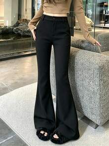 Celana Panjang Wanita Polos Kasual Serbaguna untuk Pemakaian Sehari-hari dengan Model Kaki Mengembang - Hitam - View 1