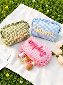 聖誕禮物：個性化刺繡格紋化妝包，客製化姓名荷葉邊化妝收納包，伴娘禮物，旅行收納包 - 彩色 - 查看 3