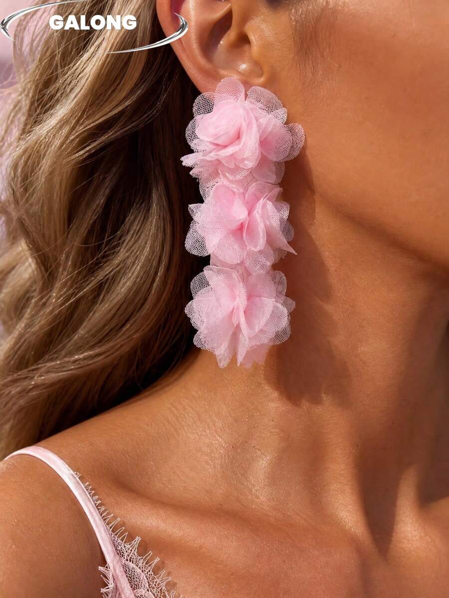 Bohemian Orange Mesh Flower Long Earrings, Vacation Style Lightweight Chiffon Dangle Earrings, Personalized Vintage Ear Jewelry