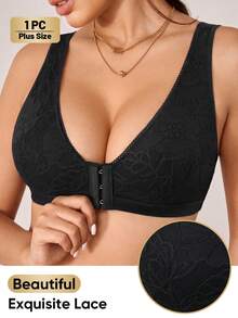 MEIYATING Women's Front-Closure Push-Up Bra, Floral Lace Trim, Black, Lightweight, Sexy, Daily Wear, Back-Vest Style - Black - View 5