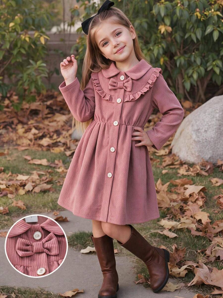 1pc Girls' Gentle Lady Style Corduroy Lapel Ruffle Bow Decor Single-Breasted Waist-Cinching Dress, Spring/Autumn - Dusty Pink - View 1