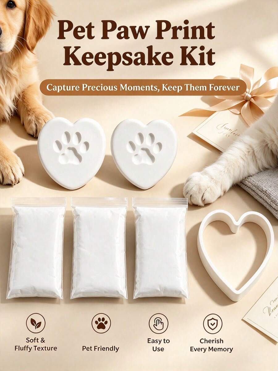 4pcs Pet Paw Print Keepsake Set, Soft Pink And Blue Clay, DIY Dog And Cat Paw Print Keepsake - Heart - View 1