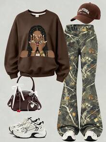 Teen Girls Personalized Fashion Allover Print Crew Neck Sweatshirt And Dried Leaf All-Over Print Pants 2-Piece Set, Autumn Winter Outfit, Campus Style, Homecoming Look - Brown - View 1