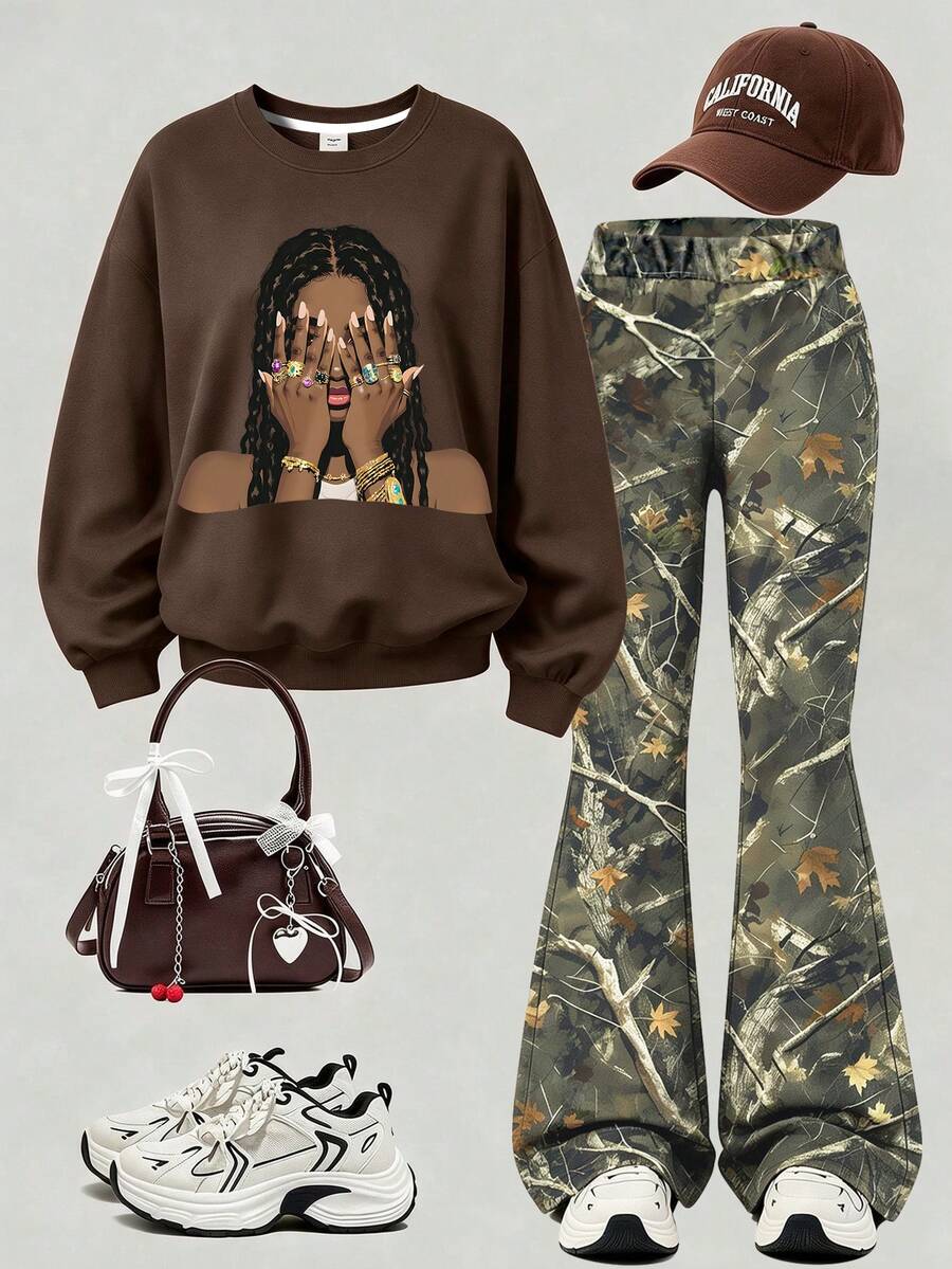 Teen Girls Personalized Fashion Allover Print Crew Neck Sweatshirt And Dried Leaf All-Over Print Pants 2-Piece Set, Autumn Winter Outfit, Campus Style, Homecoming Look - Brown - View 1