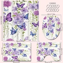 1/4pcs Purple Watercolor Butterfly Print Shower Curtain, Waterproof Polyester Material, Simple Style Home Decor Shower Curtain Set Include Toilet Seat Cover, U-Shaped Mat, Anti-Slip Bath Mat Back To School Bathroom Decor - Multicolor - View 17