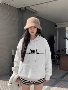 Women's Fashion Autumn/Winter Round Neck Loose Slouchy Casual Versatile Letter & Cartoon Cat Print Sweatshirt - Light Gray - View 5