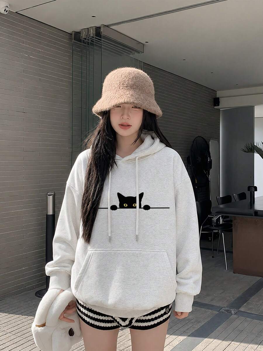 女款秋冬圓領寬鬆慵懶休閒百搭字母與卡通貓印花衛衣 - 淺花灰 - 查看 1