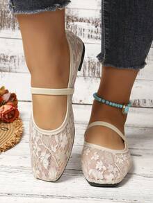French Vintage Lace Square Toe Mary Jane Shoes Women Spring Summer Commute Date Shopping Gentle Elegant Breathable Comfortable Versatile Shoes - White - View 6