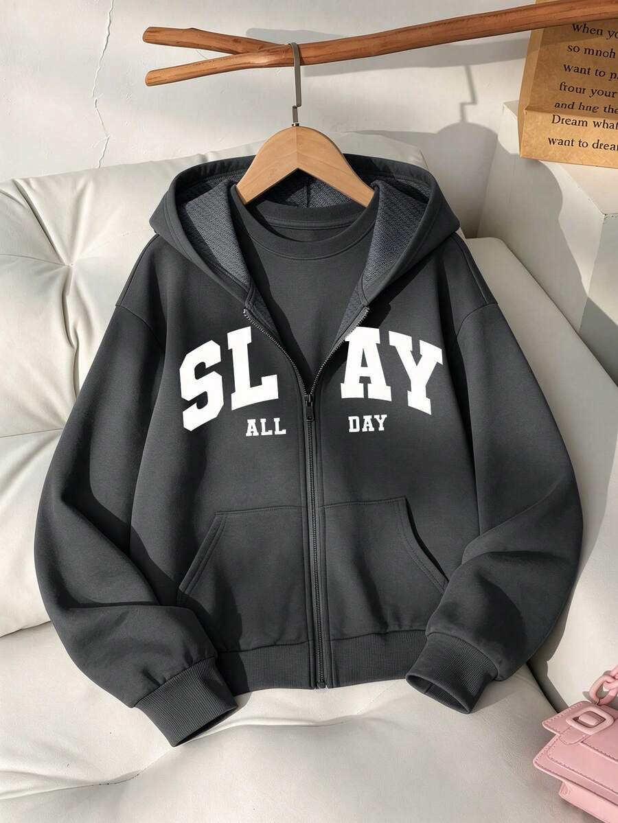 Sweatshirt berkerudung resleting dengan motif "SLAY" untuk perempuan, jaket lengan panjang kasual, bahan lembut dan nyaman, cocok untuk pemakaian sehari-hari di musim gugur/musim dingin. - Dark Grey - View 1