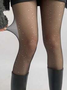 1 Pair Women's Autumn Black Sheer Rhinestone Scattered Dot Elastic Tights, Slimming Shiny Stockings, Suitable For Party And Daily Wear - Multicolor - View 2