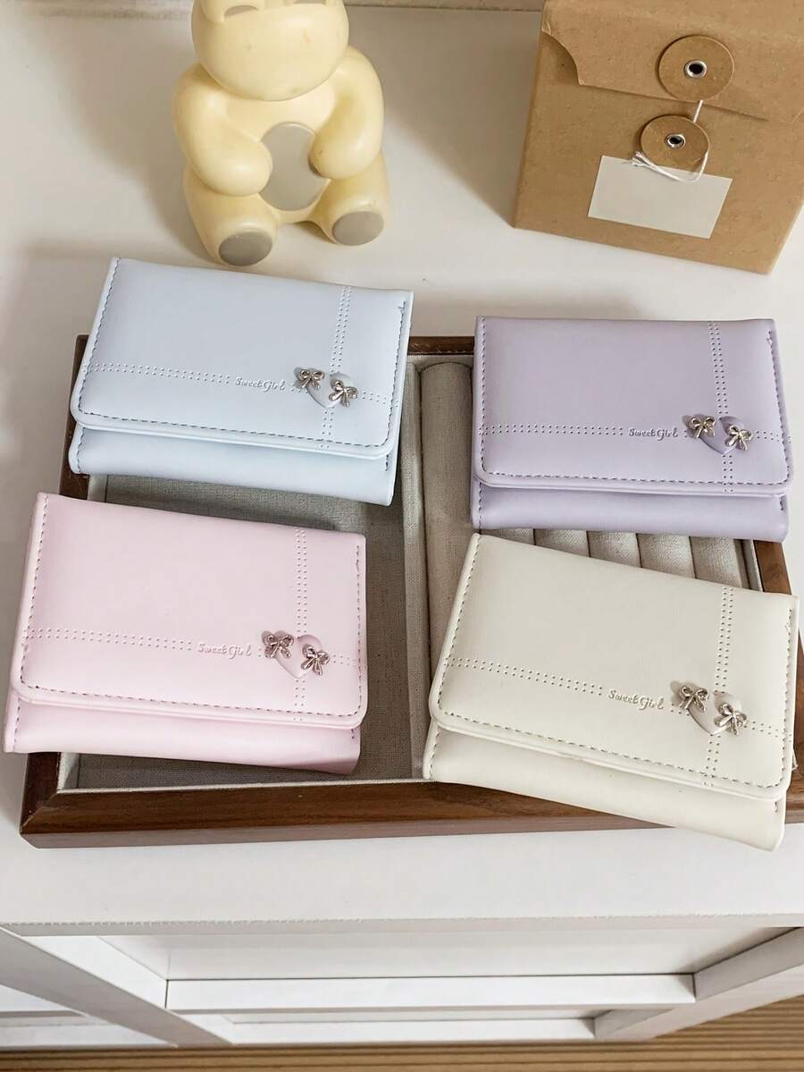 1 PC Simple And Cute Bowknot Design Short Wallet For Girl, Cute And Large Capacity Card Holder, Girly Style Multi-Card Slot ID Holder