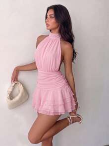 Elegant Pink Halter Neck Backless Mini Dress With Layered Ruffle Design, Suitable For Summer Party, Beach Vacation, Holiday And Graduation Wedding - Pink - View 1