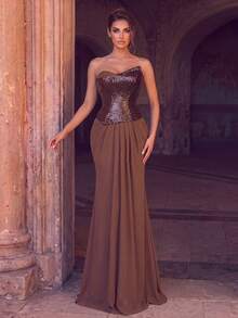 Women's Sparkling Sequin Decorated Long Mermaid Dress Elegant Sleeveless Strapless Design, Suitable For Photoshoots, Evening Parties, Events And Other Occasions - Coffee Brown - View 5