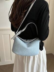 Vintage Denim Patchwork PU Baguette Small Handbag With Metal Lock Decor, Daily Commute Crossbody Shoulder Bag - Silver - View 7