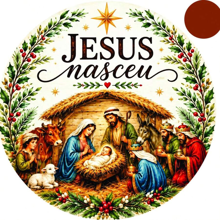 Guirlanda de Natal MDF 25cm Placa Decorativa Enfeite para Porta Casa Apartamento - Jesus Nasceu - Visão 1