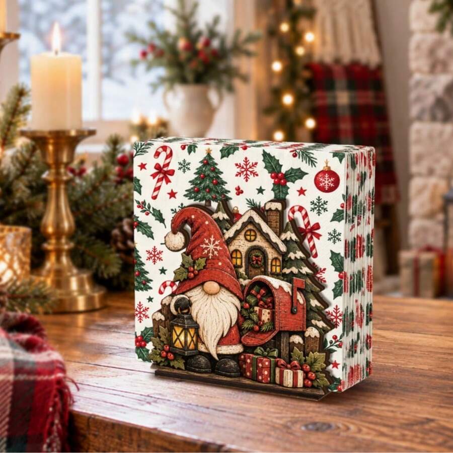 Fairy Tale Style Christmas Desktop Tissue Box Holder, Dwarf Cottage Vintage Painted Design With Lantern, Gift, Holly And Other Holiday Details. Practical Decor 2-In-1, Easily Create A Cozy Winter Christmas Atmosphere. - Multicolor - View 1