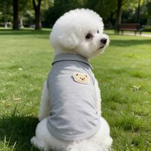 1pc Cute Bear Patch Embroidery Pet Sleeveless Polo Shirt, Soft Breathable Dog Vest, Summer Puppy Outfit For Small Dogs Bichon Teddy - Grey - View 4