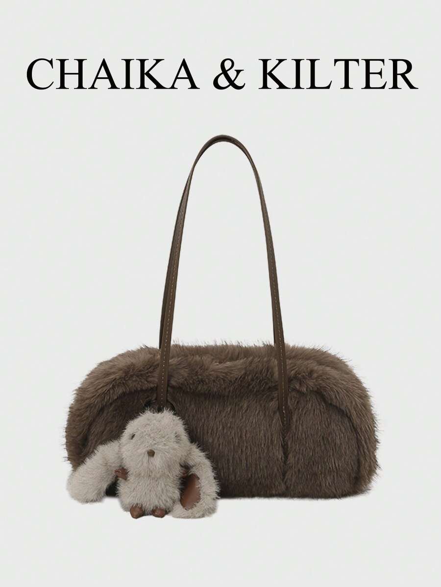 CHAIKA & KILTER 1件裝純色毛絨面料女款復古時尚啞光肩背保齡球包，對比色絎縫縫線，雙手柄設計，拉鍊開合，適合日常與街頭使用（附吊飾）