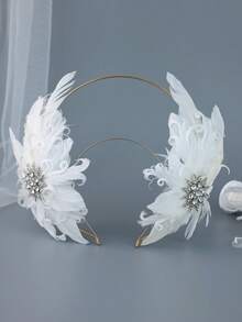 White Feather Double Gold Halo Headband, Sparkling Rhinestone Star Bridal Hair Accessory, Elegant Wedding Headband For Women, Suitable For Party, Ball, Pageant - White - View 3